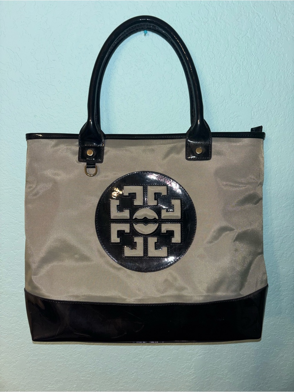 Tory Burch Beige and Black Logo Tote